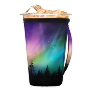 reusable iced coffee sleeve with handle northern lights aurora insulator neoprene cup sleeve for cold drinks beverages, men women beverages sleeve coffee sleeve holder 30-32oz
