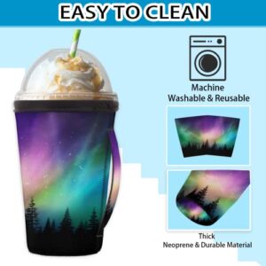 Reusable Iced Coffee Sleeve with Handle Northern lights aurora Insulator Neoprene Cup Sleeve for Cold Drinks Beverages, Men Women Beverages Sleeve Coffee Sleeve Holder 30-32oz