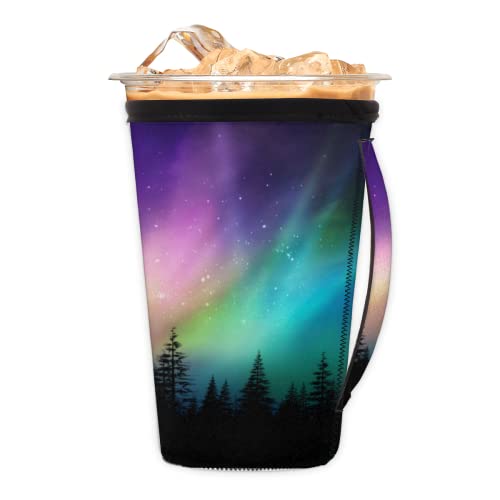 Reusable Iced Coffee Sleeve with Handle Northern lights aurora Insulator Neoprene Cup Sleeve for Cold Drinks Beverages, Men Women Beverages Sleeve Coffee Sleeve Holder 30-32oz