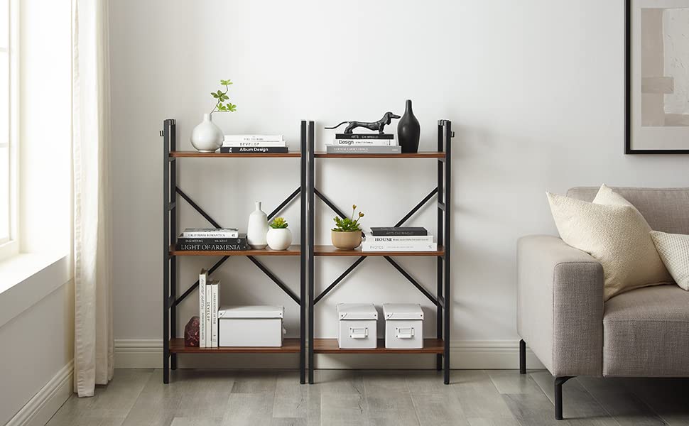 Luckyeestar 3 Tier Bookshelf, Bookcase Shelf Storage Organizer, Modern Book Shelf for Bedroom, Living Room and Home Office, Wood & Metal (Rustic Brown)