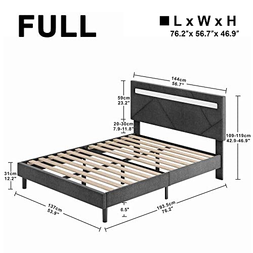 LIKIMIO Full Bed Frame, Upholstered Modern Platform Bed Frame with Height Adjustable Headboard and LED Lights, No Box Spring Needed/Noise-Free/Easy Assembly (Dark Grey, Full)