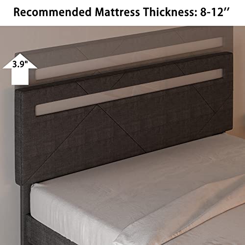 LIKIMIO Full Bed Frame, Upholstered Modern Platform Bed Frame with Height Adjustable Headboard and LED Lights, No Box Spring Needed/Noise-Free/Easy Assembly (Dark Grey, Full)