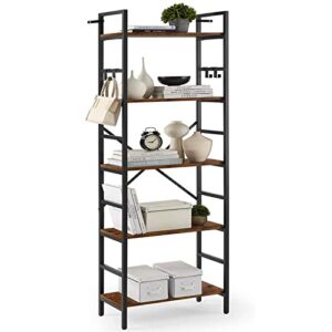 luckyeestar 5 tier tall bookshelf, bookcase shelf storage organizer, modern book shelf for bedroom, living room and home office, wood & metal (rustic brown)