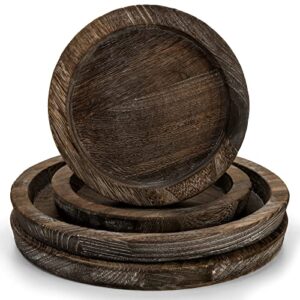 lawei 4 pack rustic wooden serving trays, 8" 11" round centerpiece candle holder tray, food serving platters decorative trays for kitchen countertop, coffee table, dining table, party