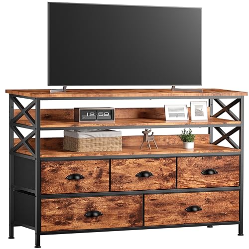 EnHomee Dresser TV Stand Entertainment Center with Fabric Drawers Media Console Table with Wood Open Shelves for 50" TV Storage Drawer Dresser for Bedroom, Living Room, Entryway, Rustic Brown