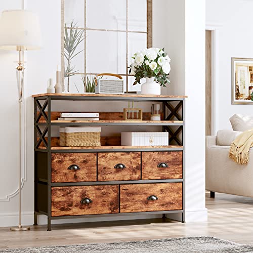 EnHomee Dresser TV Stand Entertainment Center with Fabric Drawers Media Console Table with Wood Open Shelves for 50" TV Storage Drawer Dresser for Bedroom, Living Room, Entryway, Rustic Brown