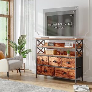 EnHomee Dresser TV Stand Entertainment Center with Fabric Drawers Media Console Table with Wood Open Shelves for 50" TV Storage Drawer Dresser for Bedroom, Living Room, Entryway, Rustic Brown