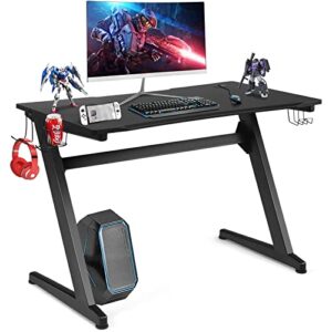 goplus 45.5 gaming desk, z shaped racing game table with carbon fiber surface, mouse mat, headphone hook, cup holder, game handle rack, ergonomic home office computer table gamer workstation