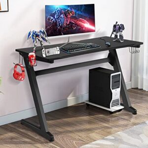 Goplus 45.5 Gaming Desk, Z Shaped Racing Game Table with Carbon Fiber Surface, Mouse Mat, Headphone Hook, Cup Holder, Game Handle Rack, Ergonomic Home Office Computer Table Gamer Workstation