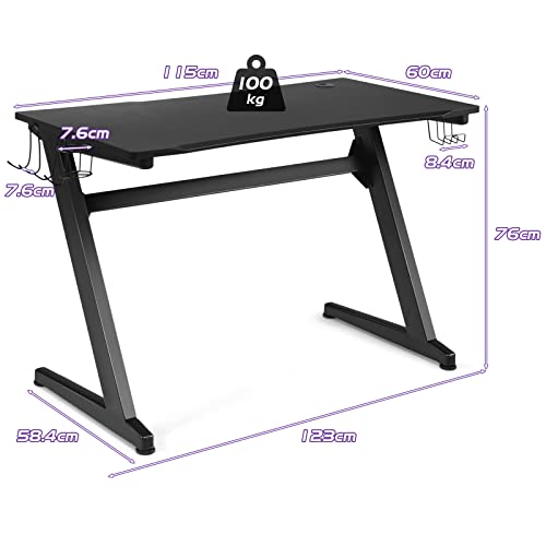 Goplus 45.5 Gaming Desk, Z Shaped Racing Game Table with Carbon Fiber Surface, Mouse Mat, Headphone Hook, Cup Holder, Game Handle Rack, Ergonomic Home Office Computer Table Gamer Workstation