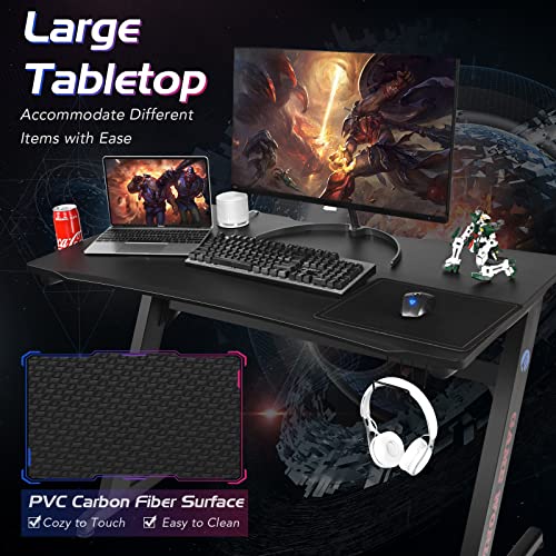 Goplus 45.5 Gaming Desk, Z Shaped Racing Game Table with Carbon Fiber Surface, Mouse Mat, Headphone Hook, Cup Holder, Game Handle Rack, Ergonomic Home Office Computer Table Gamer Workstation