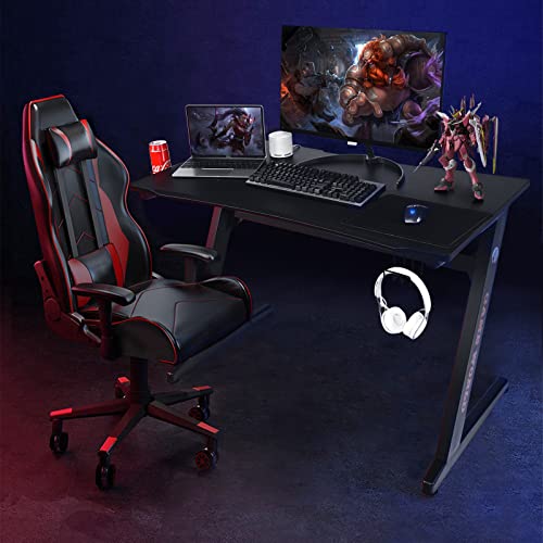 Goplus 45.5 Gaming Desk, Z Shaped Racing Game Table with Carbon Fiber Surface, Mouse Mat, Headphone Hook, Cup Holder, Game Handle Rack, Ergonomic Home Office Computer Table Gamer Workstation