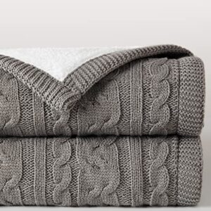 bedfolks cable knit sherpa throw blanket, reversible cozy knitted fleece blankets, thick, soft, warm blanket for couch, sofa, bed - 50 x 60inches light grey all season