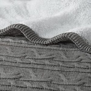 Bedfolks Cable Knit Sherpa Throw Blanket, Reversible Cozy Knitted Fleece Blankets, Thick, Soft, Warm Blanket for Couch, Sofa, Bed - 50 x 60inches Light Grey All Season