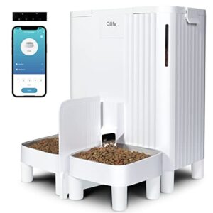 qlife automatic cat dog feeder: dry food dispenser for dog, auto pet feeder, portion control automatic dog feeder (white wifi, 6l)