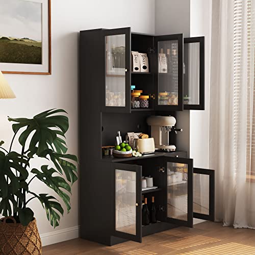 MIYZEAL Kitchen Pantry Storage Cabinet, 69'' Freestanding Pantry Cabinet with Cupboard and Microwave Stand, Modern Hutch Buffet Cabinet with 6-Doors and Drawer for Home Kitchen (Black)