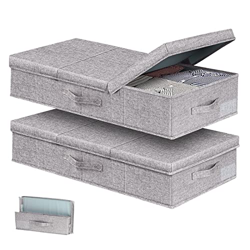 TheElves Under Bed Storage With Lids,2 Pack Foldable Stackable Underbed Storage Containers with 3 Handles,Under Bed Storage Drawer for Clothes Books Toys Shoes Pillows-Grey