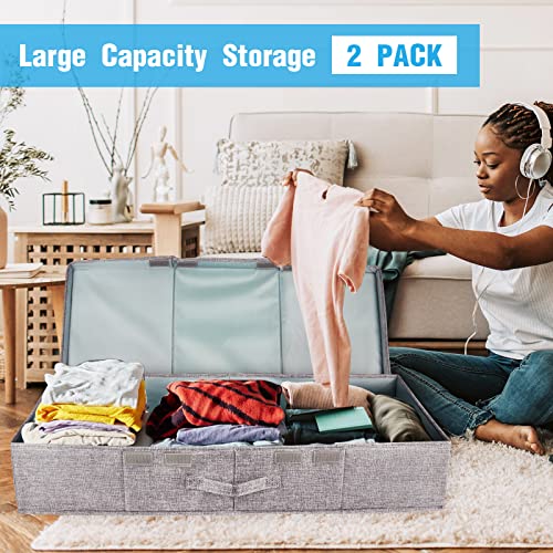 TheElves Under Bed Storage With Lids,2 Pack Foldable Stackable Underbed Storage Containers with 3 Handles,Under Bed Storage Drawer for Clothes Books Toys Shoes Pillows-Grey