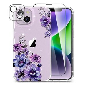 okp iphone 14 plus clear glitter floral case (6.7" 2022) for women & girls - slim purple bumper with screen & camera lens protectors