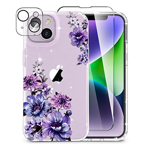 OKP iPhone 14 Plus Clear Glitter Floral Case (6.7" 2022) for Women & Girls - Slim Purple Bumper with Screen & Camera Lens Protectors