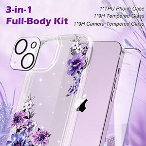 OKP iPhone 14 Plus Clear Glitter Floral Case (6.7" 2022) for Women & Girls - Slim Purple Bumper with Screen & Camera Lens Protectors