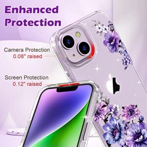 OKP iPhone 14 Plus Clear Glitter Floral Case (6.7" 2022) for Women & Girls - Slim Purple Bumper with Screen & Camera Lens Protectors