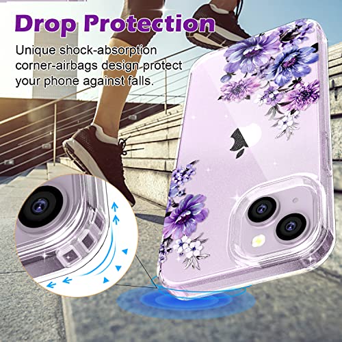 OKP iPhone 14 Plus Clear Glitter Floral Case (6.7" 2022) for Women & Girls - Slim Purple Bumper with Screen & Camera Lens Protectors