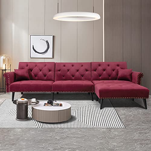 EMKK Red Velvet Convertible Sofa Bed Sleeper Reversible Sectional L-Shape Lounge Adjustable Backrest Couch for Living Room/Small Apartment