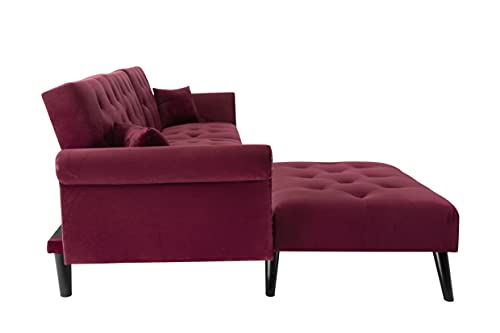 EMKK Red Velvet Convertible Sofa Bed Sleeper Reversible Sectional L-Shape Lounge Adjustable Backrest Couch for Living Room/Small Apartment