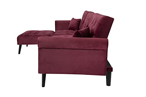 EMKK Red Velvet Convertible Sofa Bed Sleeper Reversible Sectional L-Shape Lounge Adjustable Backrest Couch for Living Room/Small Apartment