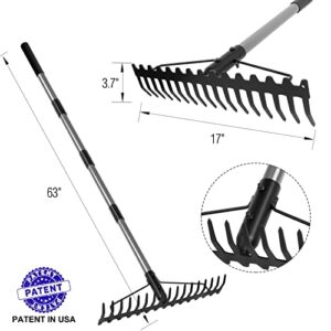 Walensee 5.4FT Bow Rake Heavy Duty Garden Rake with Stainless Steel Handle, 17 Steel Tines Metal Head Rake Tool for Loosening Soil Gathering Leaf Leveling Lawn Farming Land Management Yarn Thatch Rake