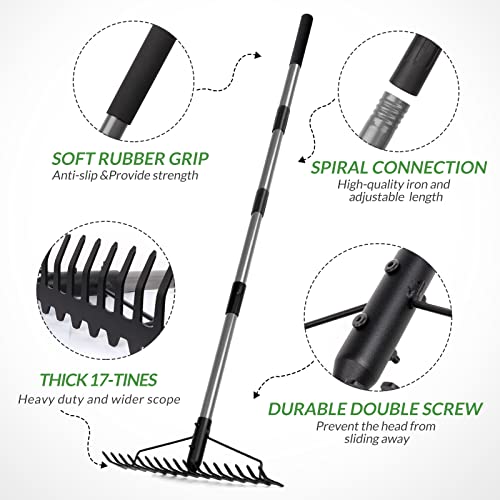 Walensee 5.4FT Bow Rake Heavy Duty Garden Rake with Stainless Steel Handle, 17 Steel Tines Metal Head Rake Tool for Loosening Soil Gathering Leaf Leveling Lawn Farming Land Management Yarn Thatch Rake