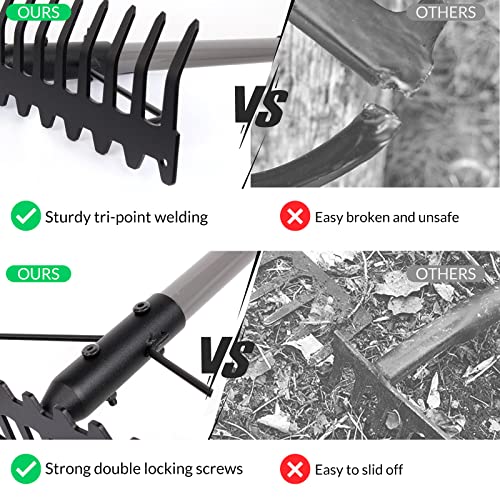 Walensee 5.4FT Bow Rake Heavy Duty Garden Rake with Stainless Steel Handle, 17 Steel Tines Metal Head Rake Tool for Loosening Soil Gathering Leaf Leveling Lawn Farming Land Management Yarn Thatch Rake