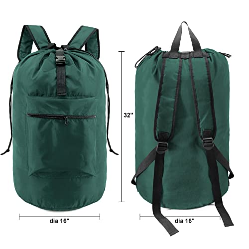 BeeGreen Dark Green College Dorm Essentials Laundry Bag Backpack for Travel w Adjustable Shoulder Straps& Drawstring Closure X-Large Portable Laundry Sack w Handle Sturdy Dirty Clothes Hamper Bag for Trip