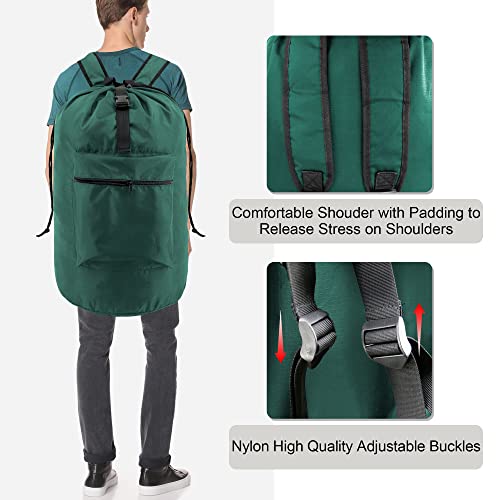 BeeGreen Dark Green College Dorm Essentials Laundry Bag Backpack for Travel w Adjustable Shoulder Straps& Drawstring Closure X-Large Portable Laundry Sack w Handle Sturdy Dirty Clothes Hamper Bag for Trip