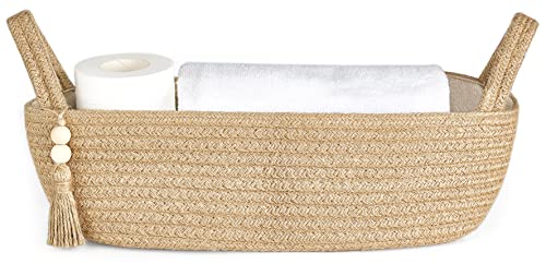 Mkono Small Woven Storage Basket for Toilet Tank Top Boho Bathroom Decor Jute Rope Back of Toilet Organizer Tray with Wood Bead Tassel for Counter Shelf Table Bedroom Living Room Nursery, Jute, 1 Pack