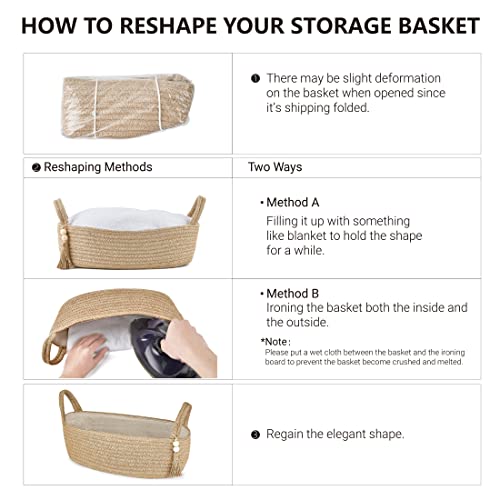 Mkono Small Woven Storage Basket for Toilet Tank Top Boho Bathroom Decor Jute Rope Back of Toilet Organizer Tray with Wood Bead Tassel for Counter Shelf Table Bedroom Living Room Nursery, Jute, 1 Pack