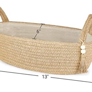 Mkono Small Woven Storage Basket for Toilet Tank Top Boho Bathroom Decor Jute Rope Back of Toilet Organizer Tray with Wood Bead Tassel for Counter Shelf Table Bedroom Living Room Nursery, Jute, 1 Pack