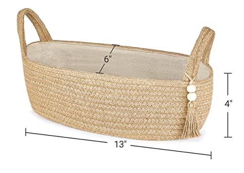 Mkono Small Woven Storage Basket for Toilet Tank Top Boho Bathroom Decor Jute Rope Back of Toilet Organizer Tray with Wood Bead Tassel for Counter Shelf Table Bedroom Living Room Nursery, Jute, 1 Pack