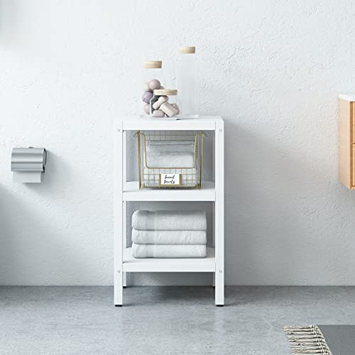 IOTXY Open Shelving Storage Rack - 3-Tier Freestanding Solid Wood Shelves Unit, Multipurpose Display Stand for Bathroom Living Room Laundry, Square Corner Rack, Bookshelf, White