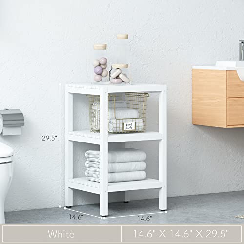 IOTXY Open Shelving Storage Rack - 3-Tier Freestanding Solid Wood Shelves Unit, Multipurpose Display Stand for Bathroom Living Room Laundry, Square Corner Rack, Bookshelf, White