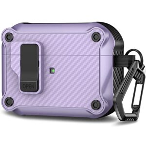rfunguango for airpods pro 2nd /1st generation case cover, automatic pop-up carbon fiber case with secure lock clip, full body shockproof hard shell protective case for airpods pro 2022/2019- purple
