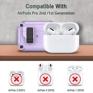 RFUNGUANGO for AirPods Pro 2nd /1st Generation Case Cover, Automatic Pop-up Carbon Fiber Case with Secure Lock Clip, Full Body Shockproof Hard Shell Protective Case for AirPods Pro 2022/2019- Purple
