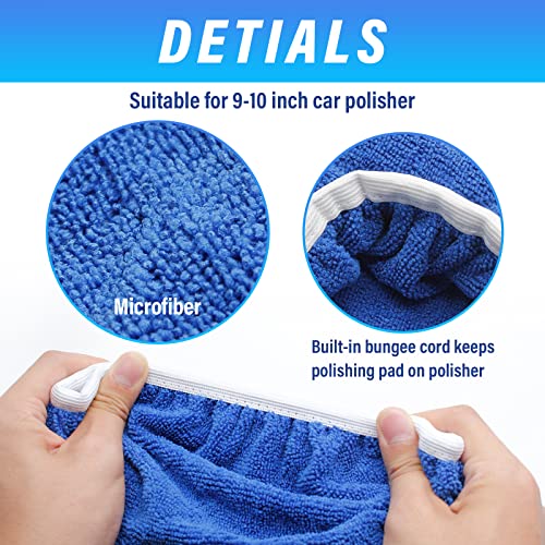 Bonsicoky 6 PCS Car Polishing Bonnet Buffing Pad Soft Microfiber Buffing Pad Cover for 9" - 10" Car Polisher, Blue