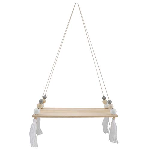 FIYO Wall Hanging Shelf, Wall Hanging Rack Wall Hanging Round Beads Shelf Storage Rack DIY Wooden Shelf Natural Light Reclaimed Triangle Floating Plant Aesthetic Decor (White Gray)