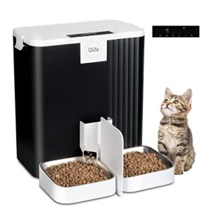 qlife automatic cat dog feeder: dry food dispenser for dog, auto pet feeder, portion control automatic dog feeder (black regular, 6l)