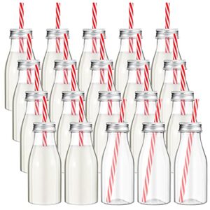 yinkin set of 20 plastic milk bottles with straws & silver metal lids clear plastic bottle for dairy milk, party bottle for milk juices shakes smoothies cocktails, 20 bottles and 20 straws (8 oz)