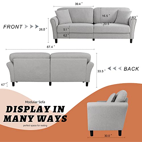 Shintenchi 87" Modern Sofa Loveseat Couch, Oversize Deep Seat Sofa, Loveseat Furniture with Hardwood Frame, Mid-Century Upholstered Couch for Living room, Bedroom, Round handrail, Light Gray