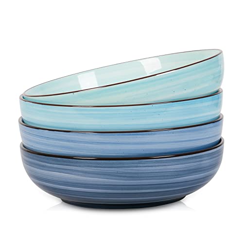 Selamica Ceramic 50 Ounce Pasta Bowls Set of 4, 8.6 Inch Large Salad Bowls, Stackable Serving Bowls, Wide and Shallow Porcelain Soup Bowls, Microwave Dishwasher Safe, Gift, Gradient Blue