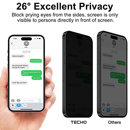 TECHO Privacy Screen Protector Compatible with iPhone 14 Pro Tempered Glass Film (Edge to Edge Full Coverage) (Anti Spy Private) (9H Hardness) (2 PACK) (6.1 inch)